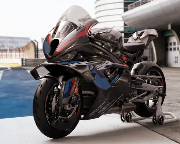 Czarny motocykl BMW M 1000 RR na torze wyścigowym, gotowy do pobicia rekordów. To najszybszy motor na świecie.