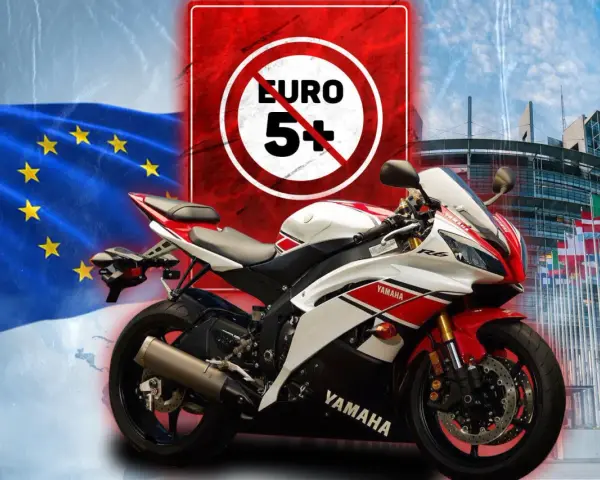 Sportowy motocykl Yamaha obok flagi UE i zakazu EURO 5.