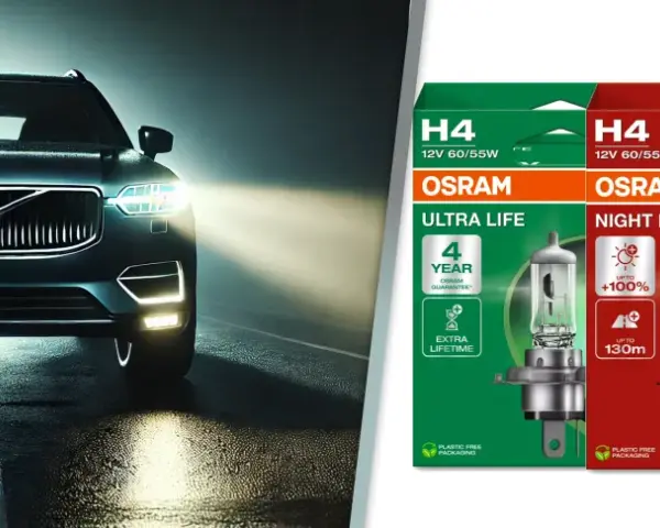 Ciemny samochód z włączonymi światłami drogowymi na mokrej drodze. Obok opakowania żarówek OSRAM H4: Ultra Life, Night Breaker, Cool Blue Intense.
