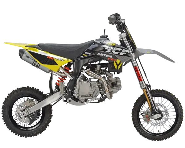 Daytona 190 SPS – jaki motocykl na 190 wzrostu? Ten żółto-szary pit bike z czarnym siedzeniem i oponami terenowymi wygląda na idealny do zabawy.