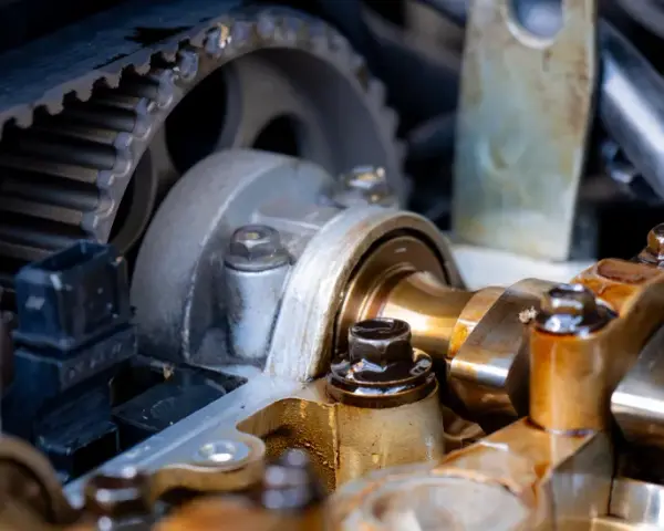 Widok mechanizmu rozrządu silnika. Uszkodzony napinacz łańcucha rozrządu może objawiać się stukaniem i nierówną pracą silnika.
