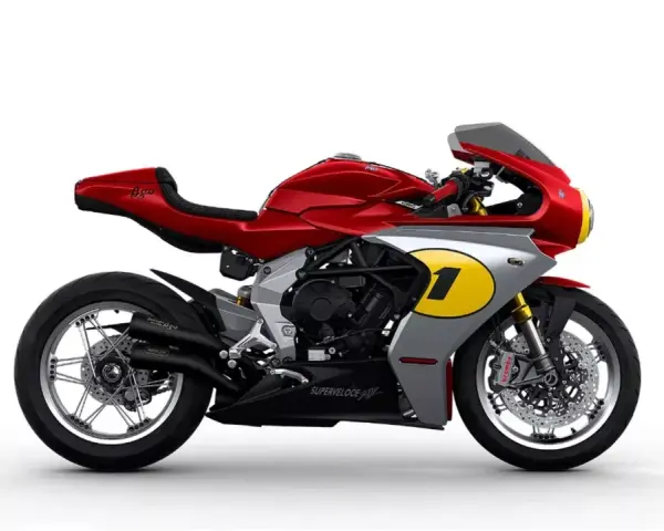 Czerwono-srebrny MV Agusta Superveloce z numerem 1 na owiewce, inspirowany legendą wyścigów.