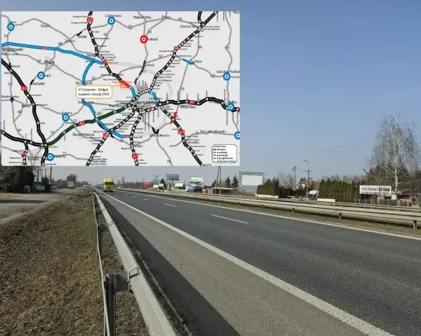 Mapa drogowa z zaznaczoną trasą S7 i widokiem na drogę ekspresową.