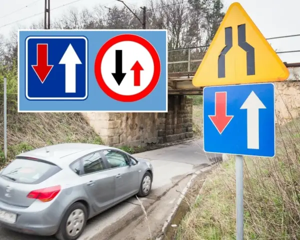Znaki drogowe informują o pierwszeństwie na zwężonym odcinku jezdni. Samochód zbliża się do miejsca, gdzie ruch jest utrudniony.
