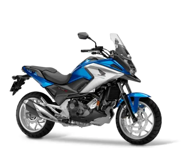 Niebiesko-srebrny, ekonomiczny motocykl turystyczny Honda NC750X gotowy na przygodę.