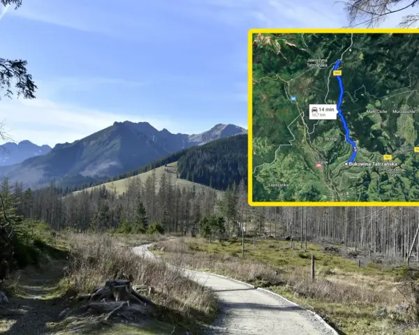 Malownicza droga w górach, prowadząca do najwyżej położonej drogi w Polsce. Widok na Tatry i mapę z trasą.