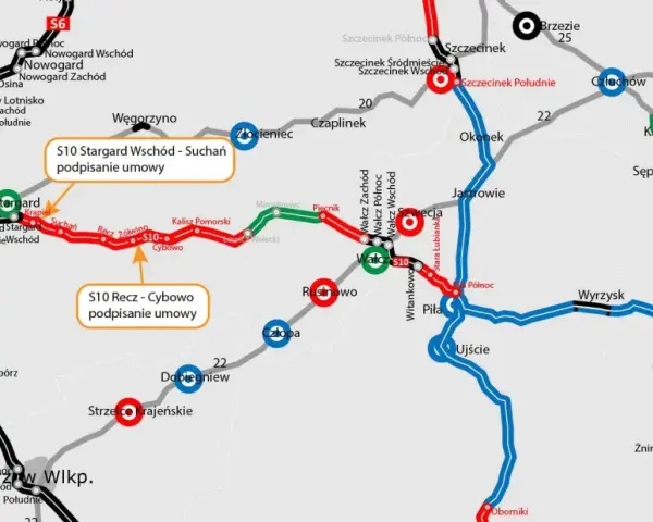 Mapa drogowa z zaznaczoną drogą ekspresową S10, pokazującą jej przebieg między Szczecinem a Bydgoszczą, z zaznaczonymi odcinkami w budowie.