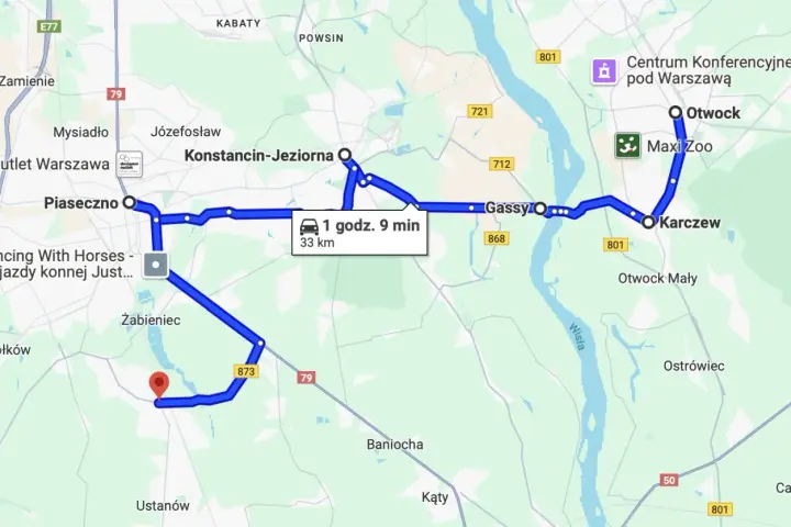 Trasy motocyklowe Warszawa: Pętla przez Piaseczno, Konstancin-Jeziorna, Gassy, Karczew i Otwock. 33 km, 1h 9 min.