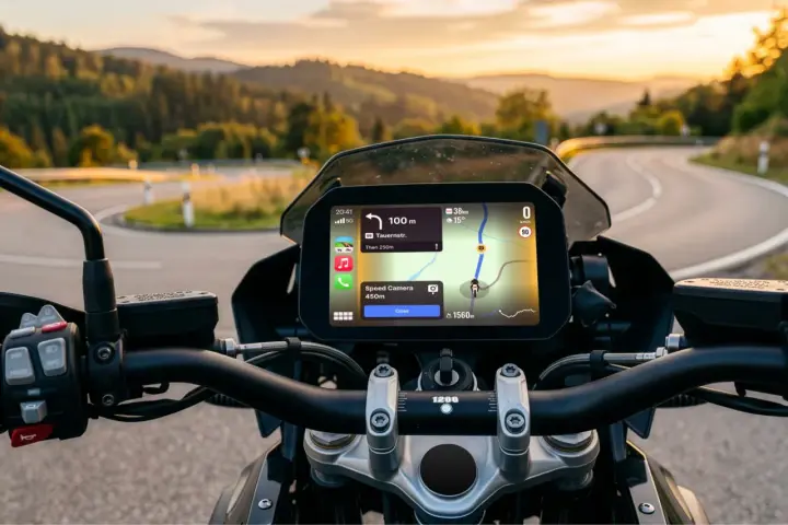 Nawigacja na motocyklu z Google Maps w trybie motocyklowym. Widok na zakręconą drogę w górach o zachodzie słońca.