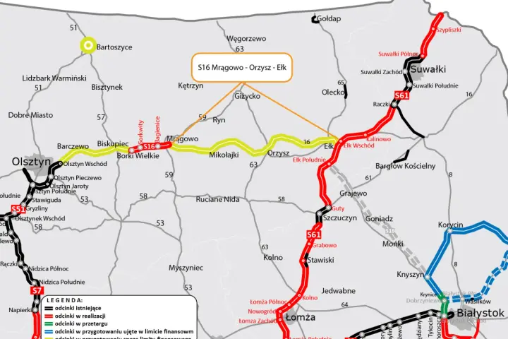 Mapa drogowa z zaznaczoną drogą S16, łączącą Mrągowo, Orzysz i Ełk. Widoczne są również inne drogi krajowe i wojewódzkie.