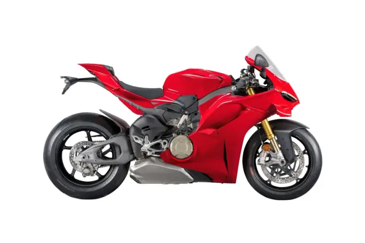 Czerwony motocykl Ducati Panigale V4, gotowy do podboju toru wyścigowego.