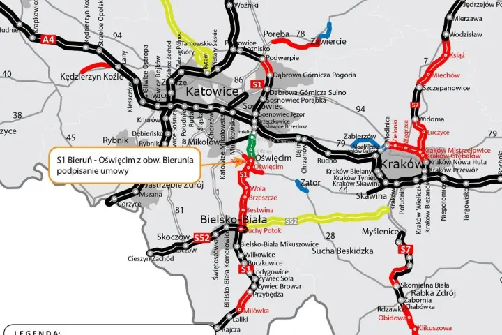 Mapa drogowa z zaznaczoną trasą S1 między Bieruniem a Oświęcimiem, z informacją o podpisaniu umowy.