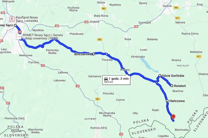 Mapa drogowa Podkarpacia z zaznaczoną trasą motocyklową od Nowego Sącza do okolic Hańczowej.