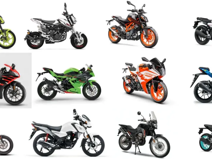 Kolekcja motocykli, w tym modele marki japońskich motocykli: Yamaha, Suzuki, Kawasaki. Różne style, od sportowych po terenowe.