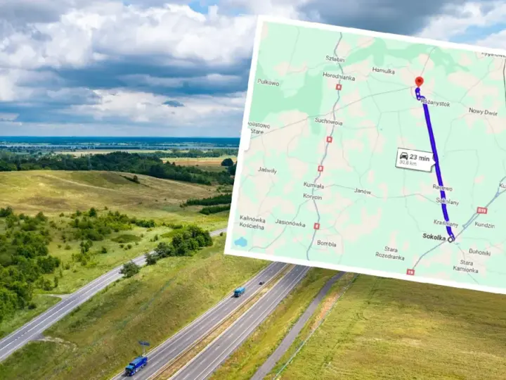 Mapa z zaznaczoną trasą S19, najdłuższa prosta droga w Polsce, prowadzi przez malownicze tereny Podlasia.