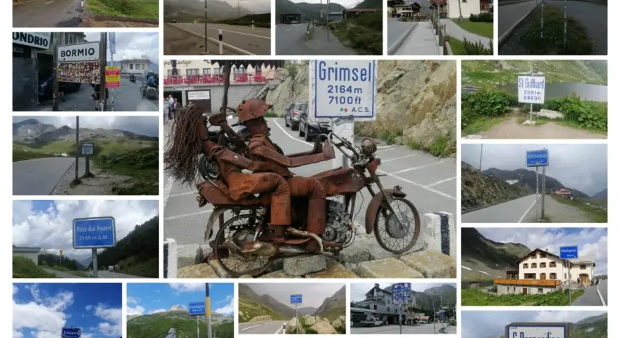 Przełęcz okraj, znaki drogowe i krajobrazy górskie. Widok na przełęcz Grimsel, S. Bernardino, Furkapass i inne.