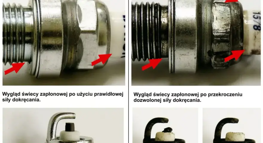 Świeca zapłonowa po prawidłowym dokręceniu vs. po przekroczeniu siły. Czerwone strzałki pokazują różnice. To ważna przerwa na świecy.
