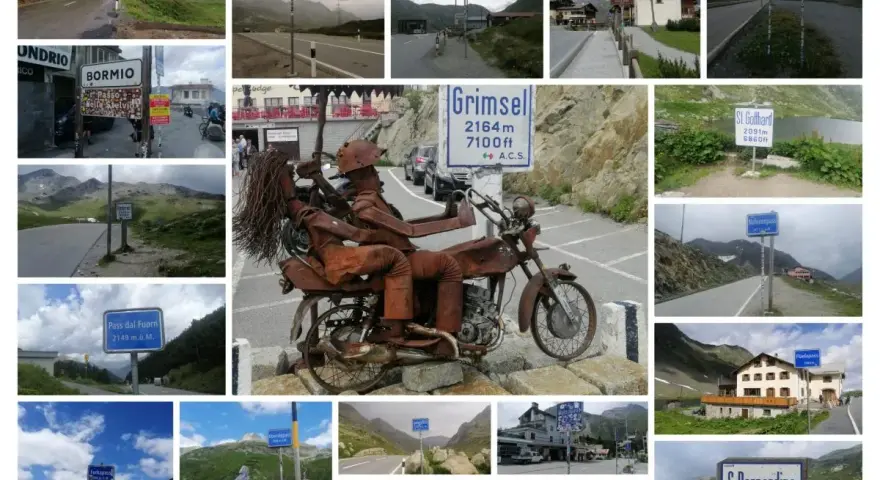 Kolaż zdjęć z górskich przełęczy, m.in. Grimsel, St. Gotthard, S. Bernardino, Furkapass, Pass dal Fuorn. Widać znaki drogowe, krajobrazy i rdzawy motocykl.