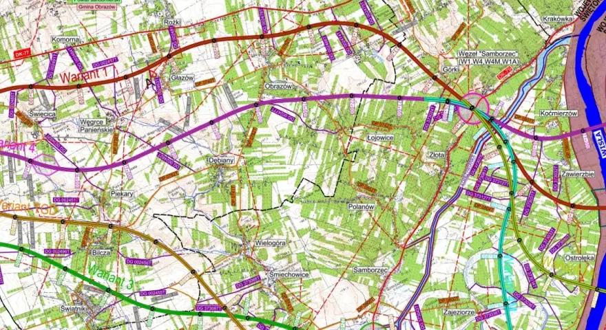 Mapa drogowa z przebiegiem drogi S74 i wariantami budowy. Widoczne miejscowości: Komorna, Święcica, Piekary, Bilcza, Sandomierz, Samborzec, Ostrołęka.