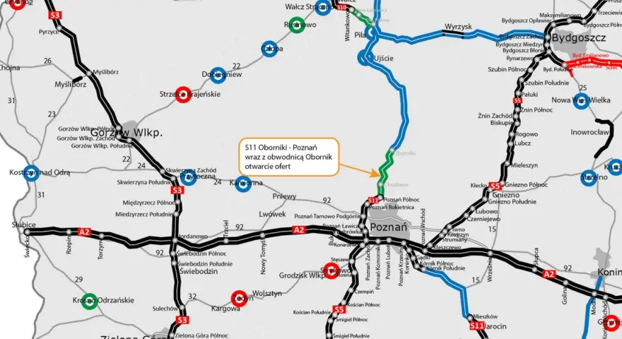 Mapa drogowa Polski, ukazująca drogę do poznania przez sieć autostrad i dróg krajowych, z zaznaczonymi miastami i węzłami.