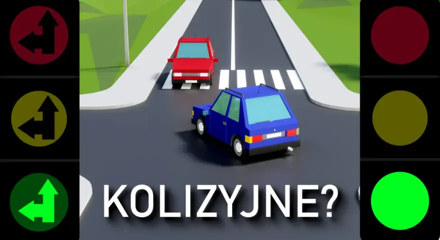 Sygnalizacja świetlna kolizyjna i bezkolizyjna: czerwone, żółte i zielone światła z kierunkowskazami. Dwa samochody na drodze.