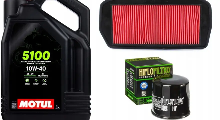 Zestaw do motocykla: olej Motul 5100 10W-40, filtr powietrza i filtr oleju. Jaki olej do filtra powietrza? Ten zestaw to podstawa!