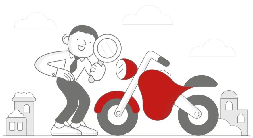 Facet z lupą bada czerwony motocykl, zastanawiając się, ile kosztuje przegląd motocykla.