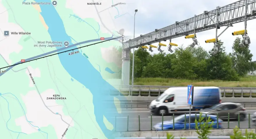 System odcinkowy pomiar prędkości S2 nad Wisłą, monitorujący ruch na moście im. Anny Jagiellonki.