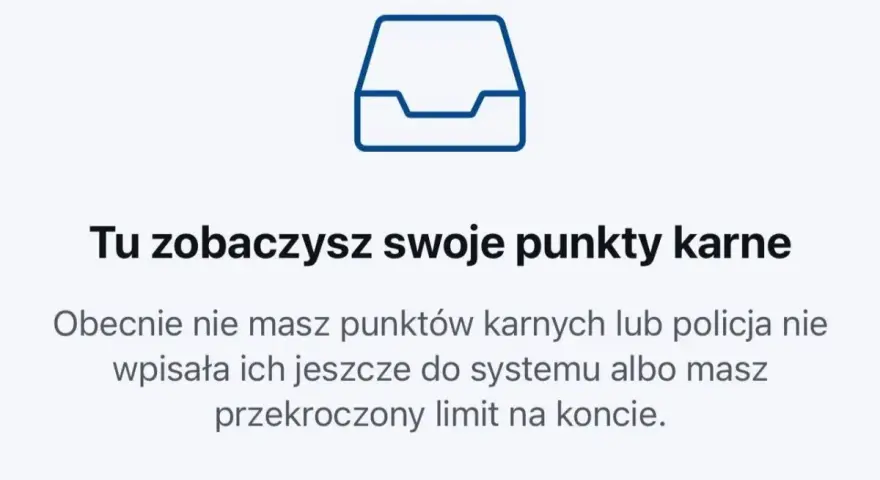 Ikona folderu i tekst: "Tu zobaczysz swoje punkty karne". Obecnie brak punktów, ale uwaga na recydywę za prędkość!