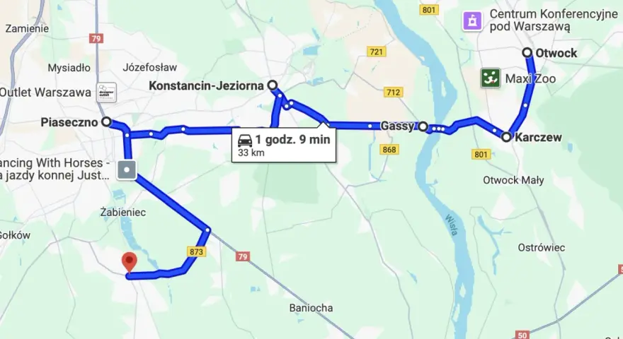 Trasy motocyklowe Warszawa: Pętla przez Piaseczno, Konstancin-Jeziorna, Gassy, Karczew i Otwock. 33 km, 1h 9 min.