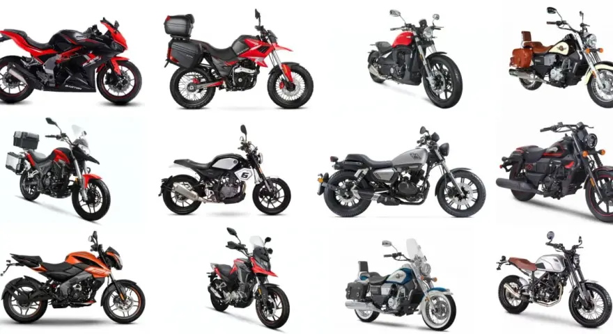 Kolekcja różnorodnych chińskich motocykli: sportowe, turystyczne, klasyczne i terenowe.