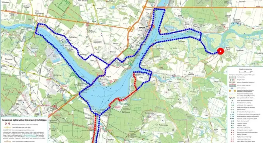 Trasa rowerowa wokół Jeziora Zegrzyńskiego, z zaznaczonym miastem Serock na trasie Pułtusk Węgrów.