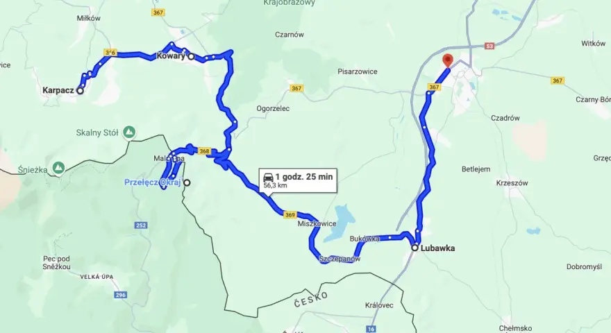 Trasy motocyklowe Dolny Śląsk: pętla przez Karpacz, Kowary, Przełęcz Okraj i Lubawkę. Widok mapy z zaznaczoną trasą.
