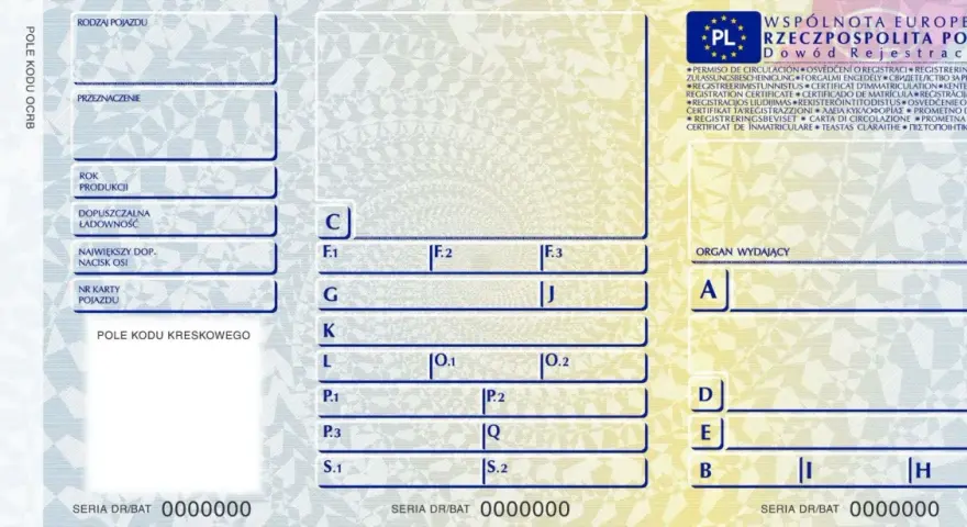 Miękki dowód rejestracyjny z danymi pojazdu, takimi jak rok produkcji, ładowność i numer karty pojazdu. Widoczne pola na wpisanie informacji.