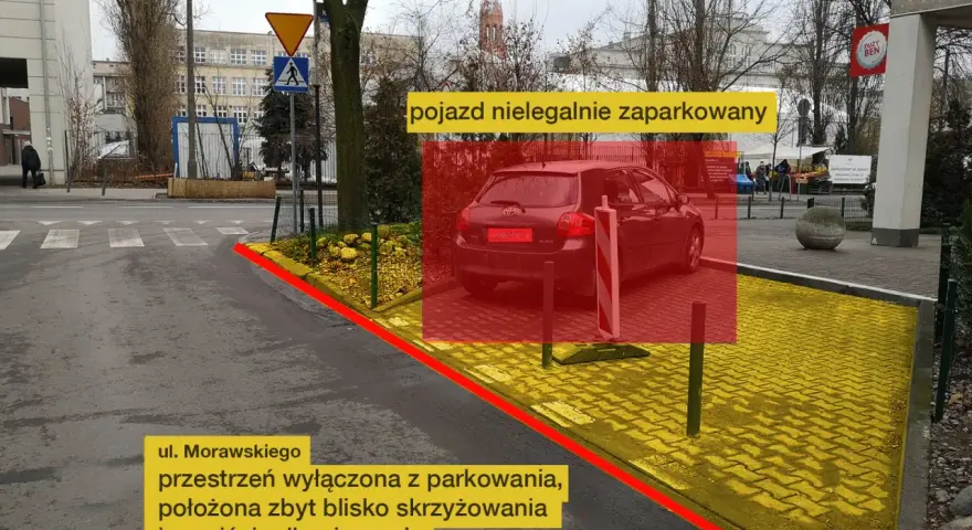 Samochód zaparkowany zbyt blisko skrzyżowania i przejścia dla pieszych. Przestrzeń wyłączona z parkowania.