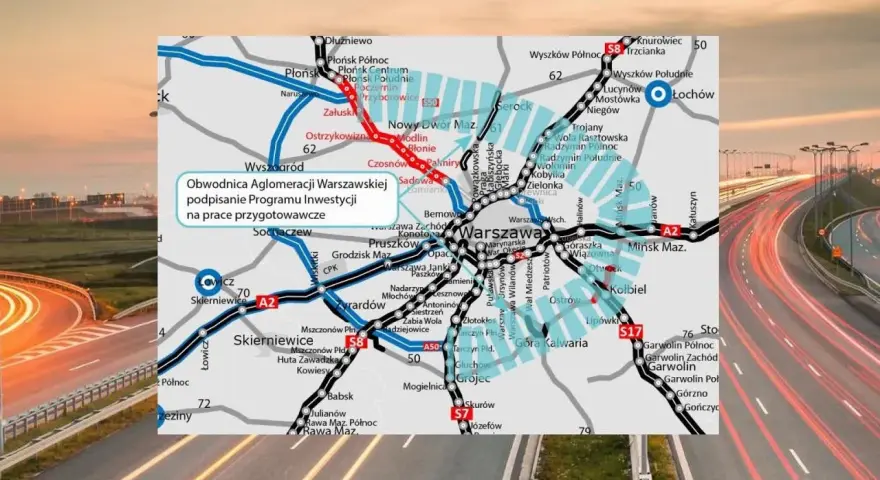 Mapa drogowa z zaznaczoną trasą S50, obwodnicą aglomeracji warszawskiej, oraz autostradą A2 i S8.