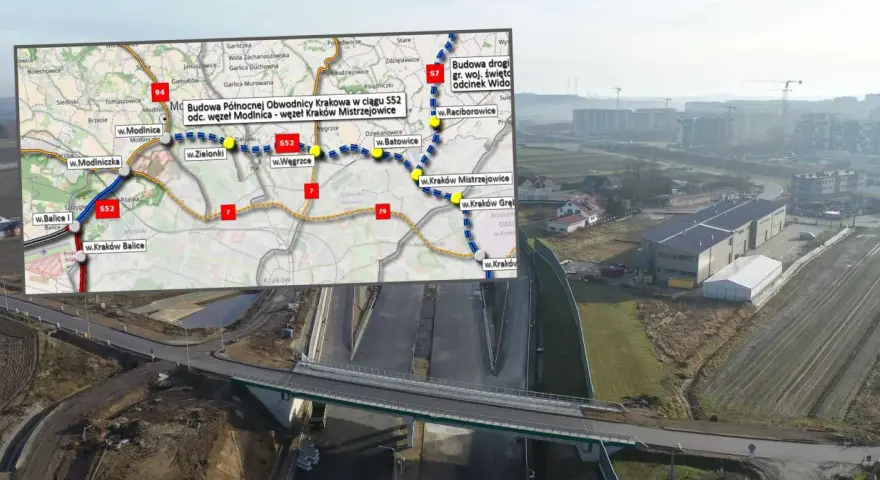 Mapa pokazuje budowę Północnej Obwodnicy Krakowa w ciągu S52, od węzła Modlnica do węzła Kraków Mistrzejowice.