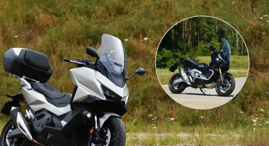 Srebrny skuter Honda Forza 750 z kufrem, w tle okrągłe zdjęcie czarnego modelu. Idealny do szybkiej jazdy, sprawdzamy honda forza 750 prędkość maksymalna.