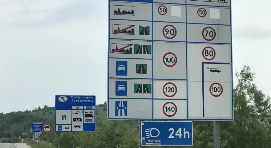Znaki drogowe w Polsce: ograniczenie prędkości dla samochodów osobowych, ciężarowych i motocykli. Obowiązują różne limity prędkości w zależności od pojazdu i drogi.