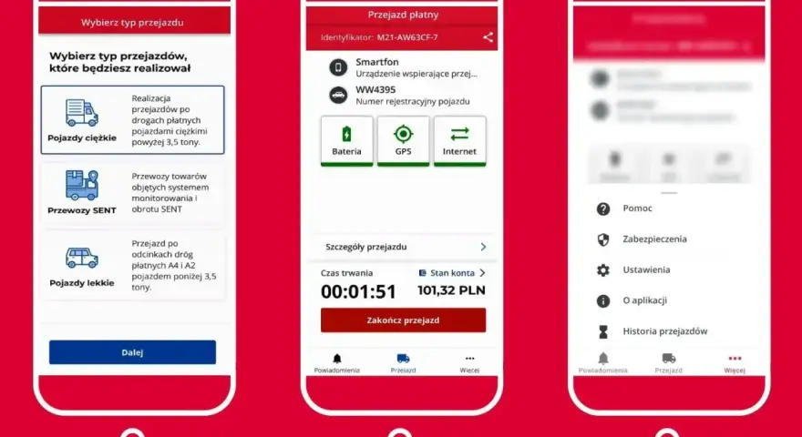 Aplikacja do obsługi autostradą A2 opłaty e-toll. Wybór typu pojazdu, szczegóły przejazdu i stan konta.