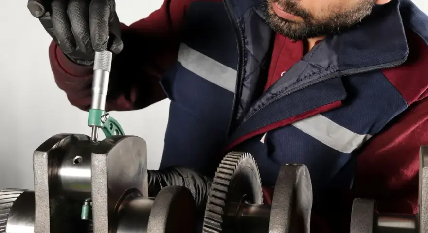 Mechanik mierzy wał korbowy, sprawdzając, czy nie ma uszkodzonej panewki.
