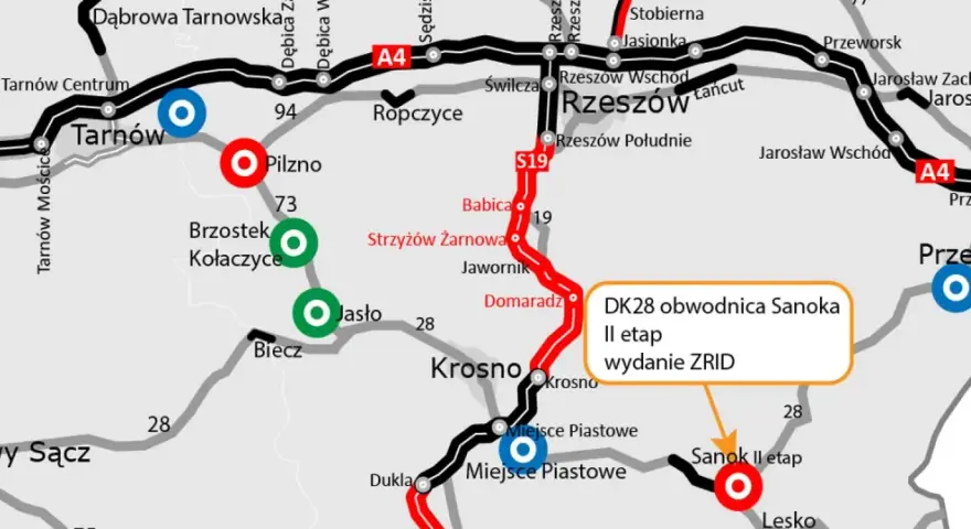 Mapa drogowa z zaznaczonymi miastami: Rzeszów, Krosno, Sanok, Jasło, Pilzno, Tarnów, Brzesko, Nowy Sącz, Przemyśl. Trasa S19 i A4.