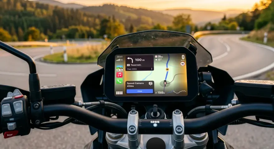 Nawigacja na motocyklu z Google Maps w trybie motocyklowym. Widok na zakręconą drogę w górach o zachodzie słońca.