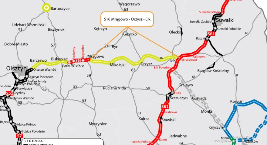 Mapa drogowa z zaznaczoną drogą S16, łączącą Mrągowo, Orzysz i Ełk. Widoczne są również inne drogi krajowe i wojewódzkie.