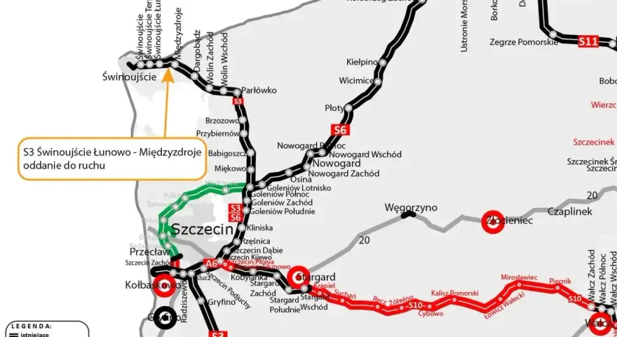 Mapa drogowa z zaznaczoną autostradą a3 i innymi drogami. Wyróżniono odcinek Świnoujście - Międzyzdroje.