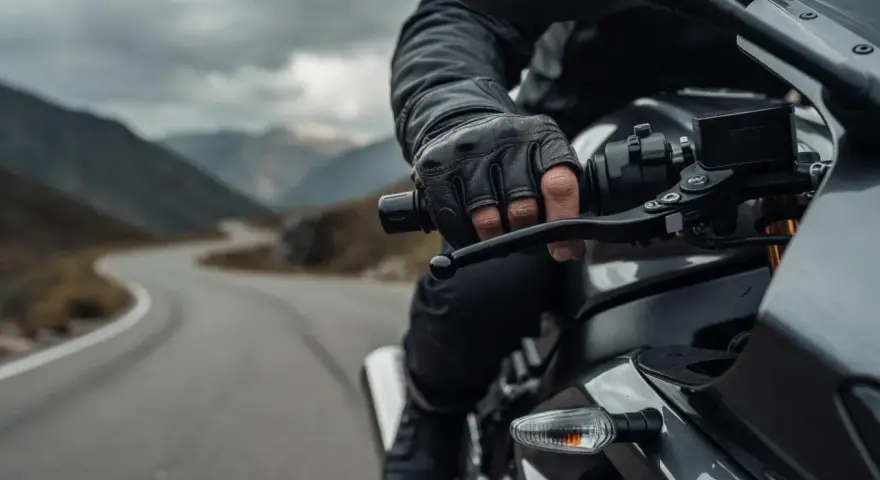 Motocyklista w skórzanej rękawicy trzyma kierownicę, gotowy do zmiany biegu. Droga wijąca się przez górzysty krajobraz.