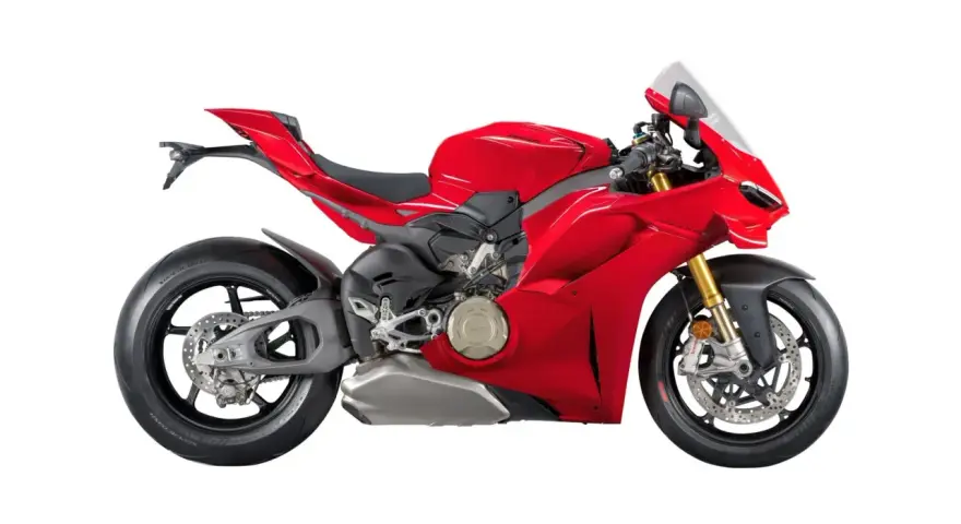 Czerwony motocykl Ducati Panigale V4, gotowy do podboju toru wyścigowego.