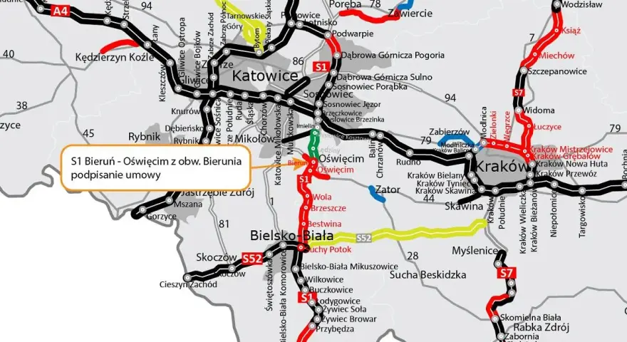 Mapa drogowa z zaznaczoną trasą S1 między Bieruniem a Oświęcimiem, z informacją o podpisaniu umowy.