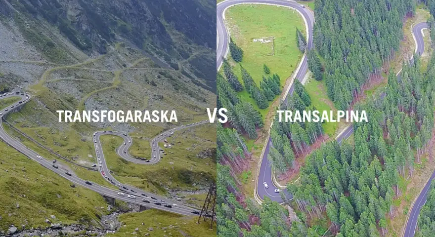 Dwie słynne rumuńskie drogi górskie: Transfogaraska i Transalpina, z wijącymi się serpentynami pośród skalistych zboczy i gęstych lasów.