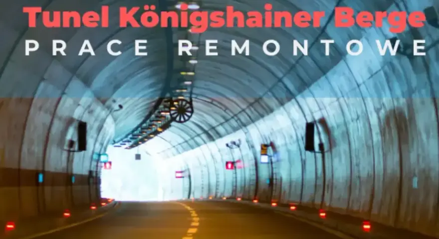 Tunel Königshainer Berge na autostradzie A4 w Niemczech. Trwają prace remontowe, droga jest oświetlona.
